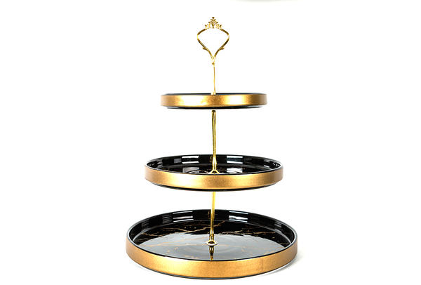 Dekonaz | 3 Katlı Mermer Desenli Etajer Servis Tabağı | Siyah