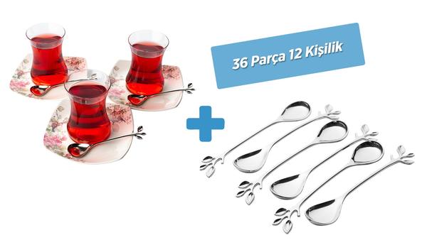 Kosova 12 Kişilik Çay Bardak Seti / Dekonaz 12 Adet Modern Çay Kaşığı Seti