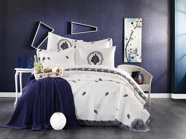 French Guipure Embroidered Alya Blanket Bridal Set Cream Navy