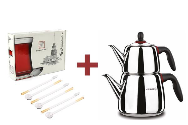 Korkmaz Gusto Çaydanlık & 6'lı Cam Kaşık Seti & Üsküdar Çay Bardak Seti Hediyeli !