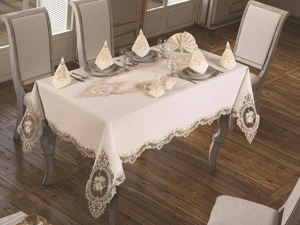 French Laced Elite Tablecloth Set 18 Pieces Ecru Gold