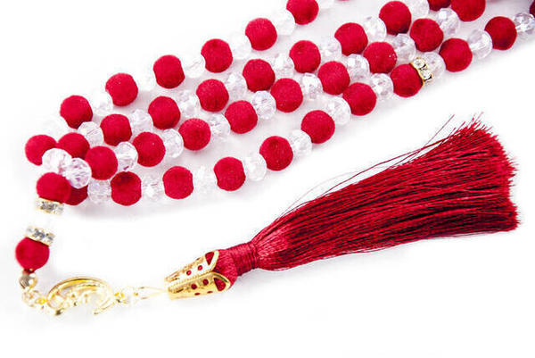 Special Velvet Patterned Tasseled 99 Pieces Crystal Hajj Umrah Gift Prayer Beads - Red