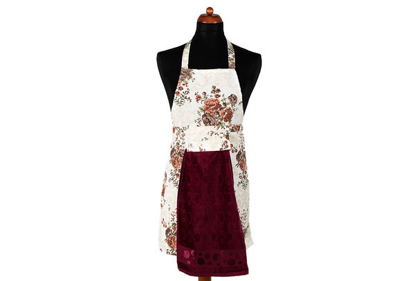 Dekonaz Çiçek Desenli Mutfak Önlüğü | Bordo Havlu ve El Bezi Hediyeli | 73cm x 59cm