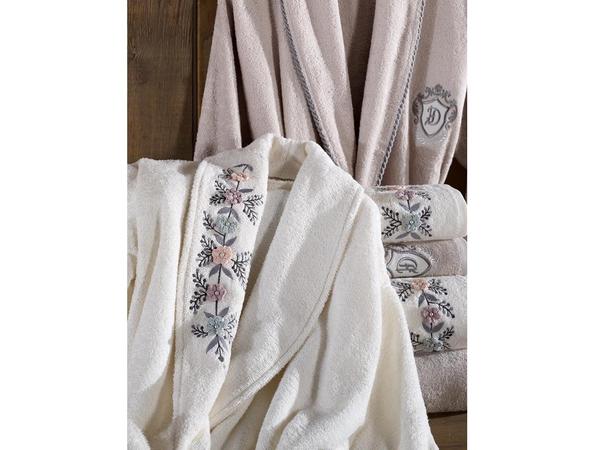 Spring Nakışlı Bambu Bornoz Takımı Krem Taş | Dantela