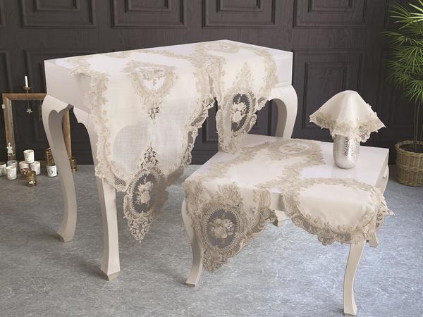 Fransız Güpürlü Kadife Elit Salon Takımı 5 Parça Ekru Gold