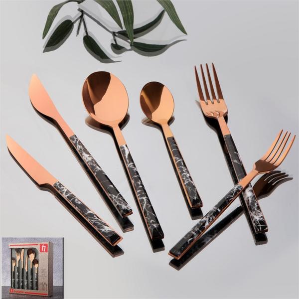 Bayev | 36 Parça 6 Kişilik Mermer Desenli Çatal Kaşık Bıçak Takımı