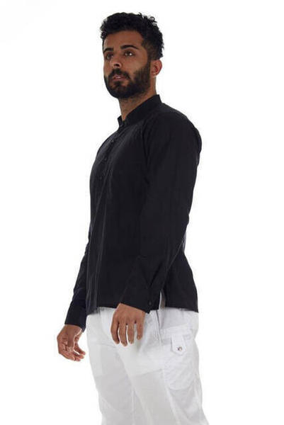 Chemise d'été Hajj Omra en tissu voile à 4 boutons avec col juge noir