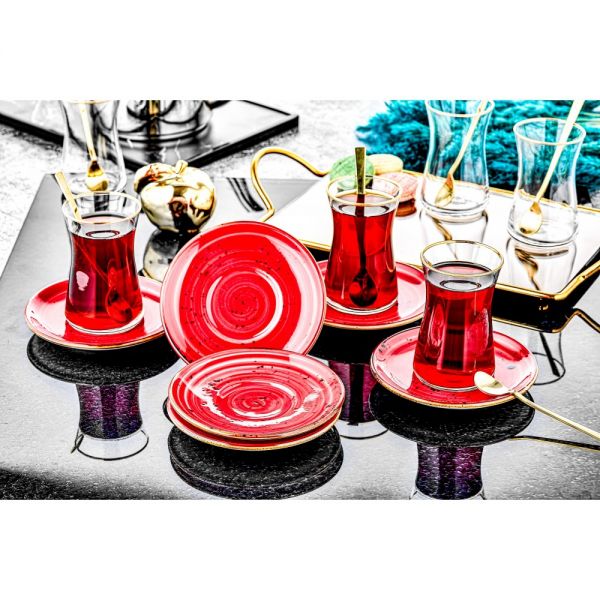 12 Parça Damla Kırmızı Porselen Çay Seti