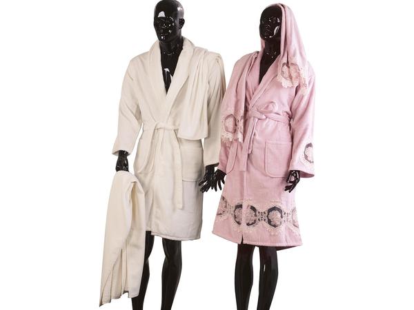 Fransız Güpürlü Pamuk Aile Bornoz Takımı Gamze 6 Parça Pudra Krem