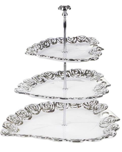 Çınar 3 Katlı Etajer Porselen Seramik | Gümüş İşlemeli