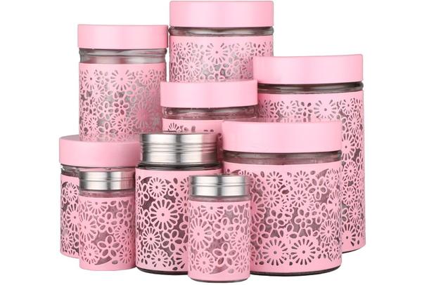 Almina 9 Parça Cam Baharat / Kavanoz Seti | Pembe | Al-3819-1-p