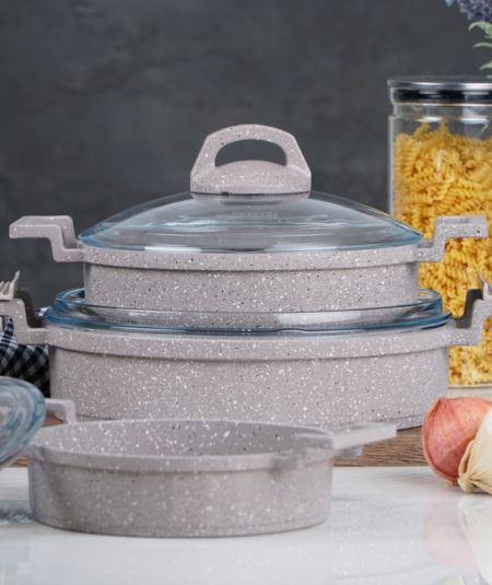 Acar Cuisine | Ensemble de casseroles en fonte Cast Prestige Cappuccino 3 pcs.