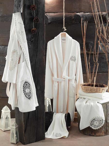 Dantela Miranda Fransız Güpürlü Bornoz Seti Krem Krem