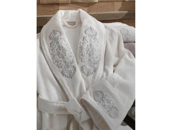 Merlin Nakışlı Bambu Bornoz Takımı Krem Kiremit | Dantela