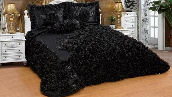 Saten Yatak Örtüsü Seti Çift Kişilik Siyah