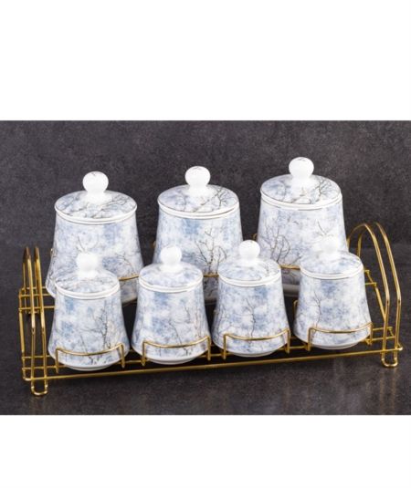Acar Mutfak | Porselen 7'Li Gold Beyaz Mermer Desenli Baharat Set