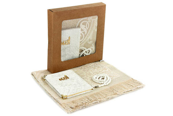 Kutulu Seccade Seti - Kadife Kaplı Yasin - Seccade - Tesbih - Krem Renk