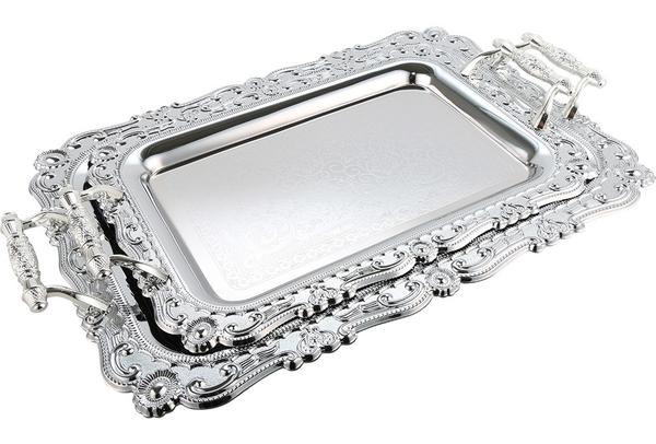 Almina 2‘li İşlemeli Metal Tepsi | Gümüş | AL-4041-2