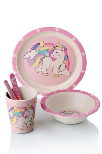 Bayev 5 Parça Bambu Fiber Mama Takımı Kız Çocukları İçin Mama Seti - Pembe Unicorn