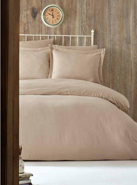 Soley Çift Kişilik Çizgili Saten Nevresim Takımı Elegante Yastık Hediyeli - Bej