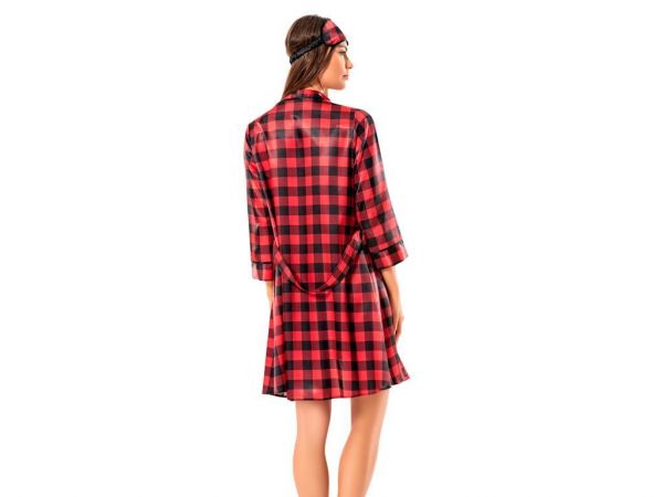 Kare Desenli Saten Gecelik Ve Sabahlık Takımı 2533 Kırmızı