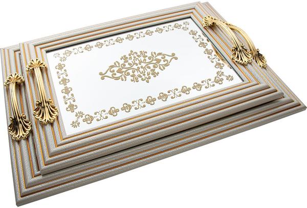 Dekonaz 2'li Aynalı Tepsi | Krem Altın | By-ct9022-s