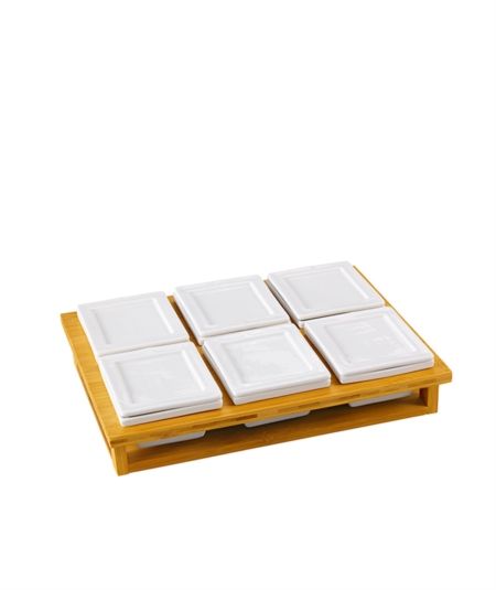 Acar Küche | Sechsteiliges Frühstücksset aus Porzellan mit Bambustablett