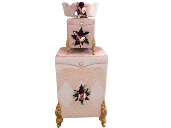 Çeyizlik Fransız Dantelli Anna 3 Lü Kirli Sepeti Takımı Pudra