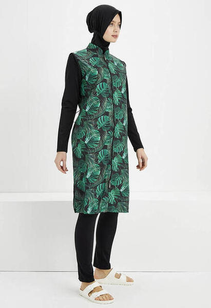 Haşema Tropikal-3906 Siyah Tropikal Desenli Tam Kapalı Tesettür Mayo H-2502-20