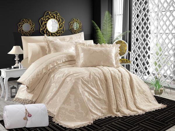 Fransız Güpürlü Pamuk Saten Eliz Evlilik Seti Cappucino - 11 Parça