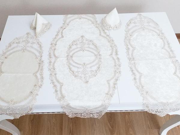 Fransız Güpürlü Orkide Kadife Salon Takımı 5 Parça Krem Gold