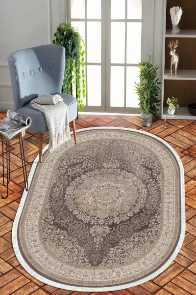Birkilim Oval Yıkanabilir İpeksi Kaymaz Taban Dekoratif Halı | MLN-IP-O-HT-999