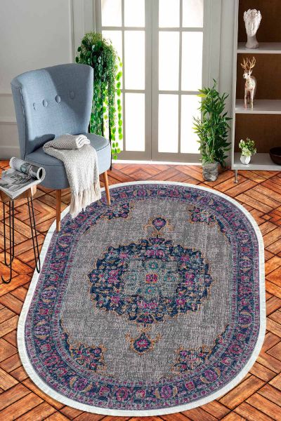 Birkilim Oval Yıkanabilir İpeksi Kaymaz Taban Dekoratif Halı | MLN-IP-O-HT-753
