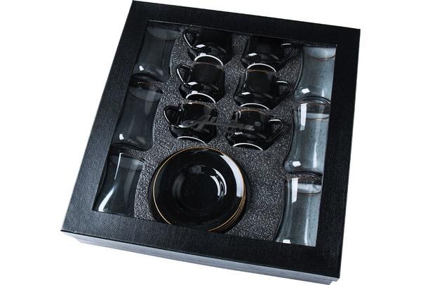 Almina Çay ve Kahve Seti | Bardak ve Fincan | Parlak Siyah | 18 Parça | Al-8258