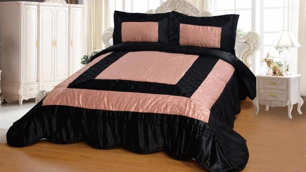 Saten Yatak Örtüsü Seti Zümrüt Çift Kişilik Pembe Siyah 