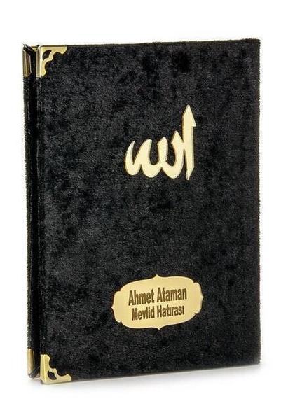 Samtbedecktes Yasin-Buch - Taschengröße - Name Bedruckte Platte - Rosenkranz - Transparent Boxed - Schwarz - Hedi