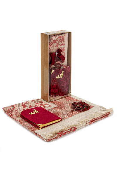 طقم سجادة الصلاة المعبأة من كرافت - بساط مخملي ياسين - سجادة صلاة - مسبحة - لون أحمر كلاريت