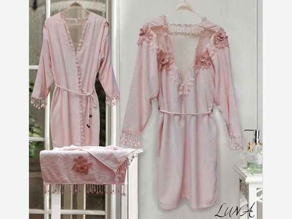 Bambu Dantelli Sırt Detaylı Luna Bayan Bornoz Seti Pudra