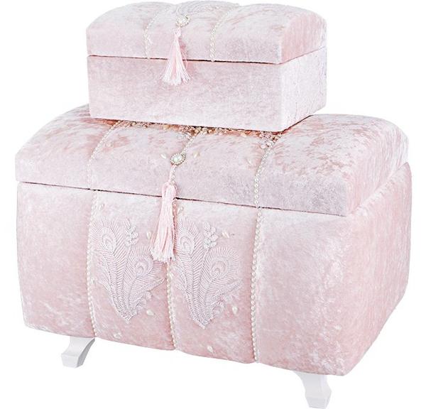 Dekonaz 2'li İnci Süslemeli Çeyiz Sandığı | Pembe | SDK-0005
