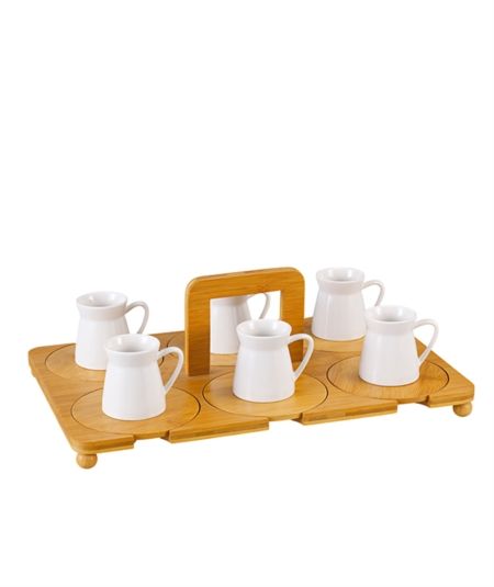 اكار | طقم قهوة بورسلين مكون من 6 أفراد مع صينية بامبو