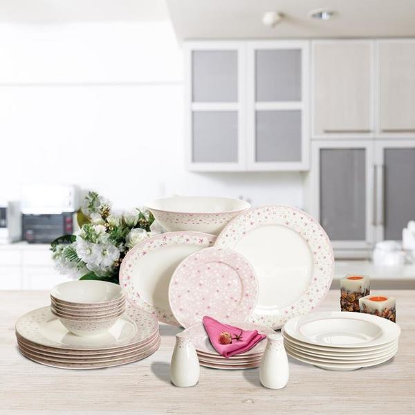 Almina New Bone 28 Parça Porselen Yemek Takımı Yuvarlak | Pembe | 6 Kişilik