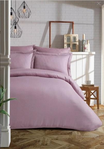 Soley Çift Kişilik Çizgili Saten Nevresim Takımı Elegante Yastık Hediyeli - Lila