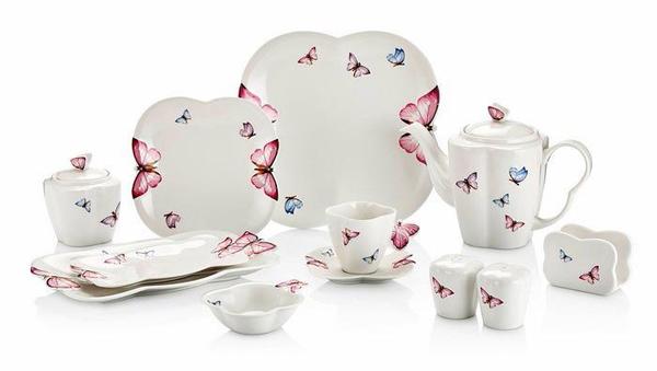Taç Butterfly 36 Parça Kelebek Desenli Porselen Kahvaltı Takımı | Beyaz | 6 Kişilik