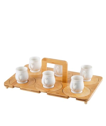 Acar | Bambu Tepsili 6 Kişilik Porselen Kahve Takımı