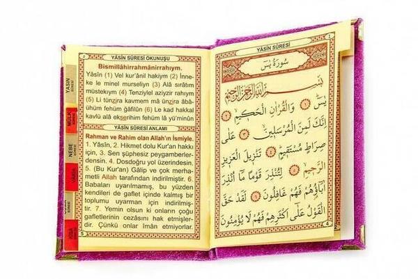 20 PCS - Economic Velvet Covered Yasin Book - Name Special Plate - Pocket Size - Fuchsia Color - Mevlit Hed
