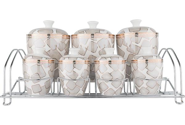 Almina | 15 Parça Baharatlık | 7'li Porselen | Gri & Altın | AL-3420-g-2