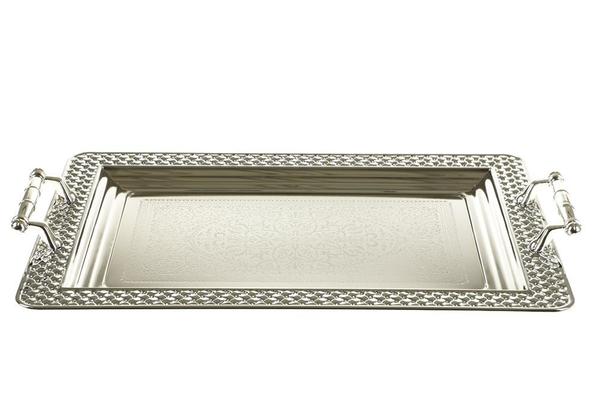 Almina Köşeli Tepsi Seti | 2 Parça | Çiçek Desen Kulplu | Gümüş | AL-8754-2