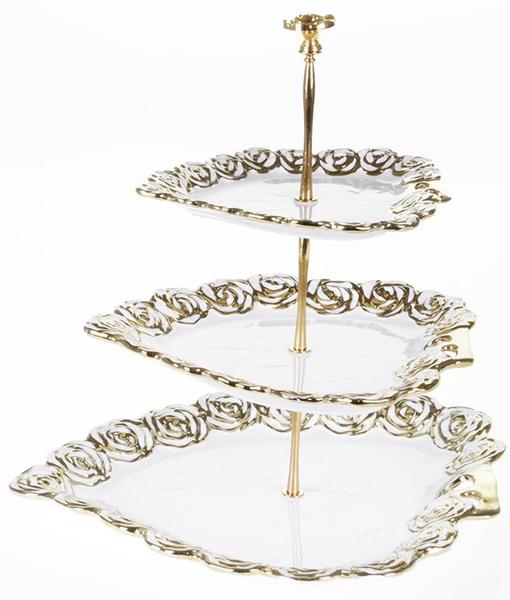 Çınar 3 Katlı Etajer Porselen Seramik Altın