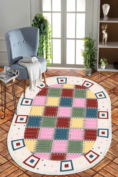 Birkilim Oval Yıkanabilir İpeksi Kaymaz Taban Dekoratif Halı | MLN-IP-O-HT-568