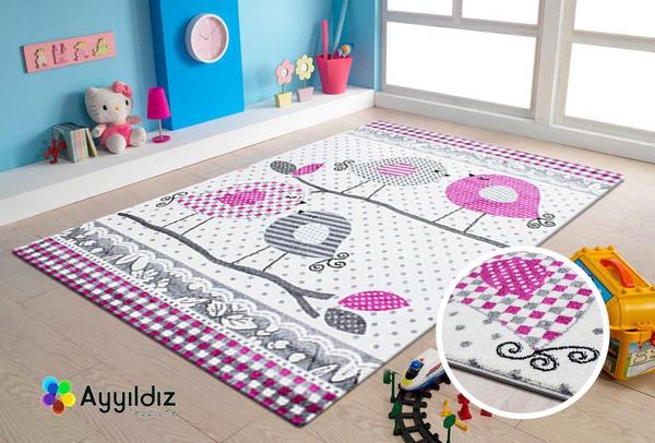 Ayyıldız Kids Vogelmotiv Kuş Desenli Çocuk Halısı 100% PP Frise 11mm 2500 gr | Gri - Pembe | 520Grey